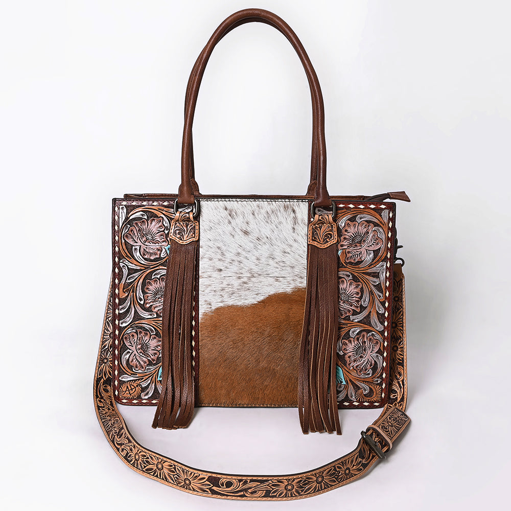 ADBG1718 Tooled Leather & Cowhide Western Tote Bag with Fringe and Floral Design