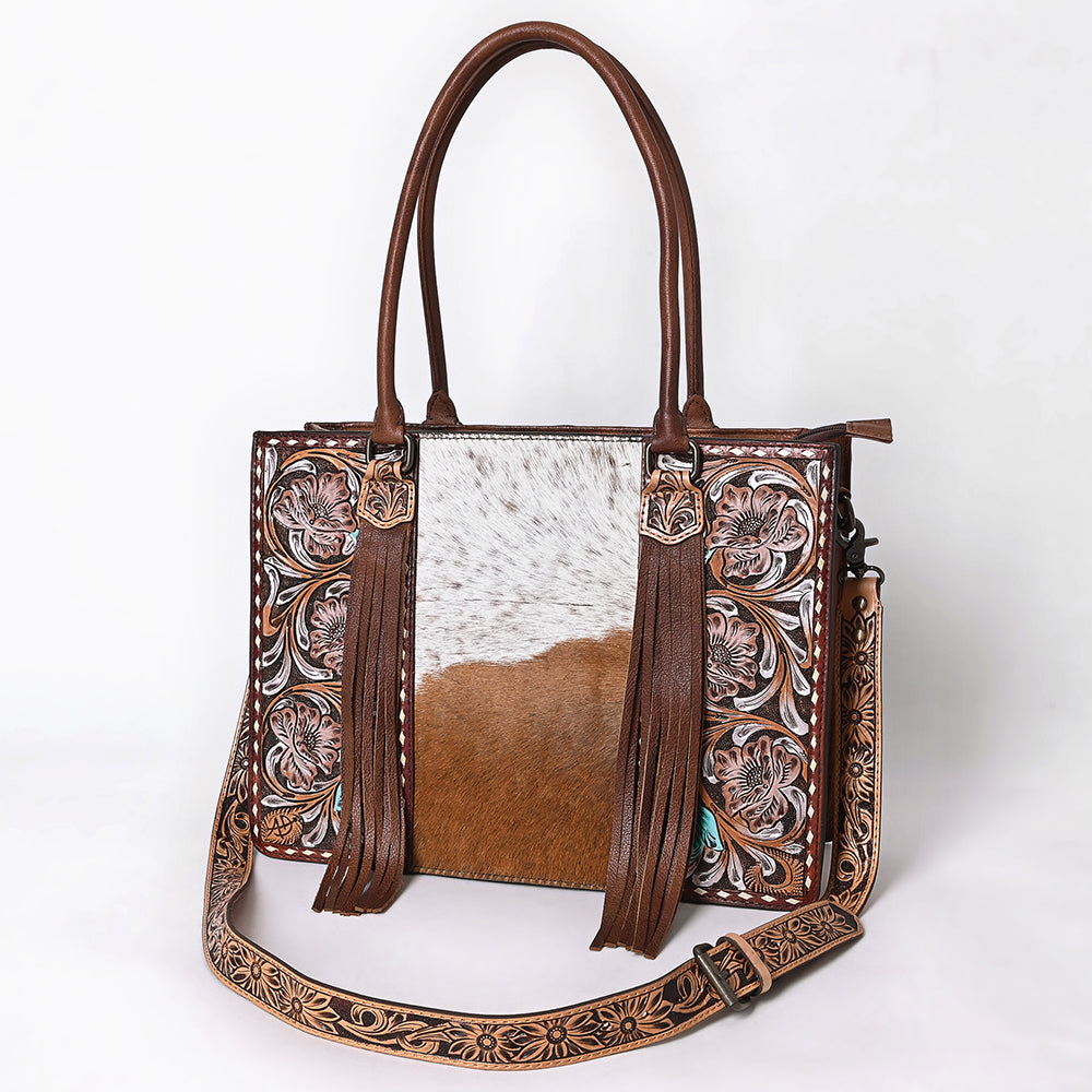 ADBG1718 Tooled Leather & Cowhide Western Tote Bag with Fringe and Floral Design