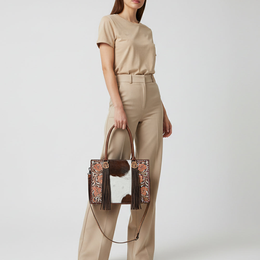 ADBG1718 Tooled Leather & Cowhide Western Tote Bag with Fringe and Floral Design