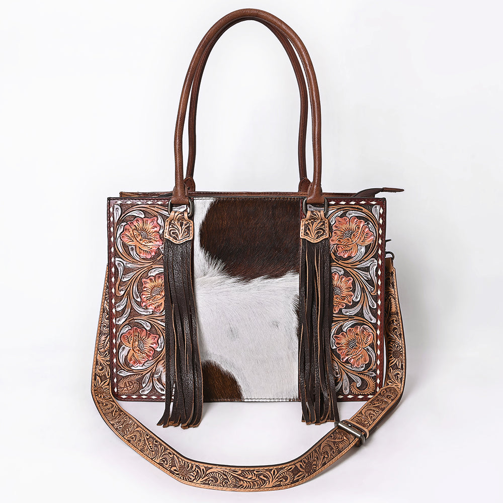 ADBG1718 Tooled Leather & Cowhide Western Tote Bag with Fringe and Floral Design