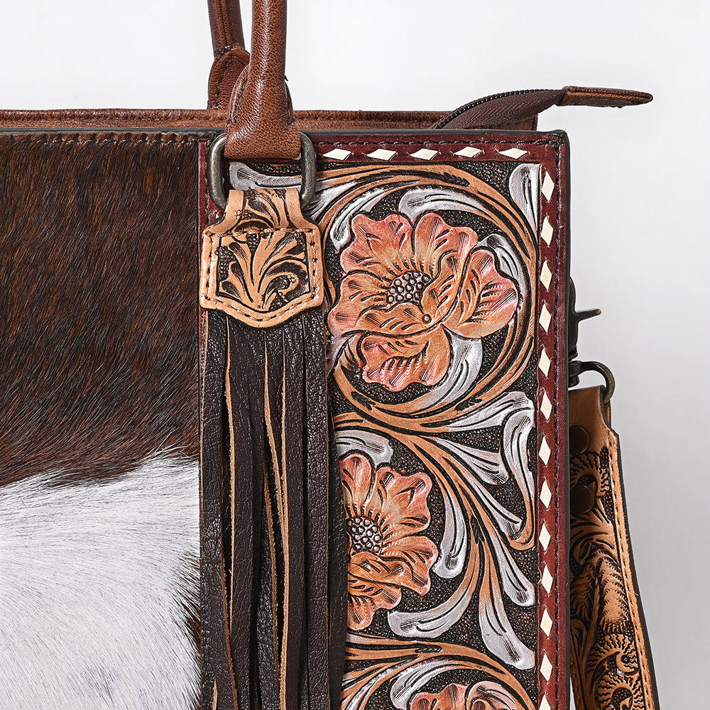 ADBG1718 Tooled Leather & Cowhide Western Tote Bag with Fringe and Floral Design
