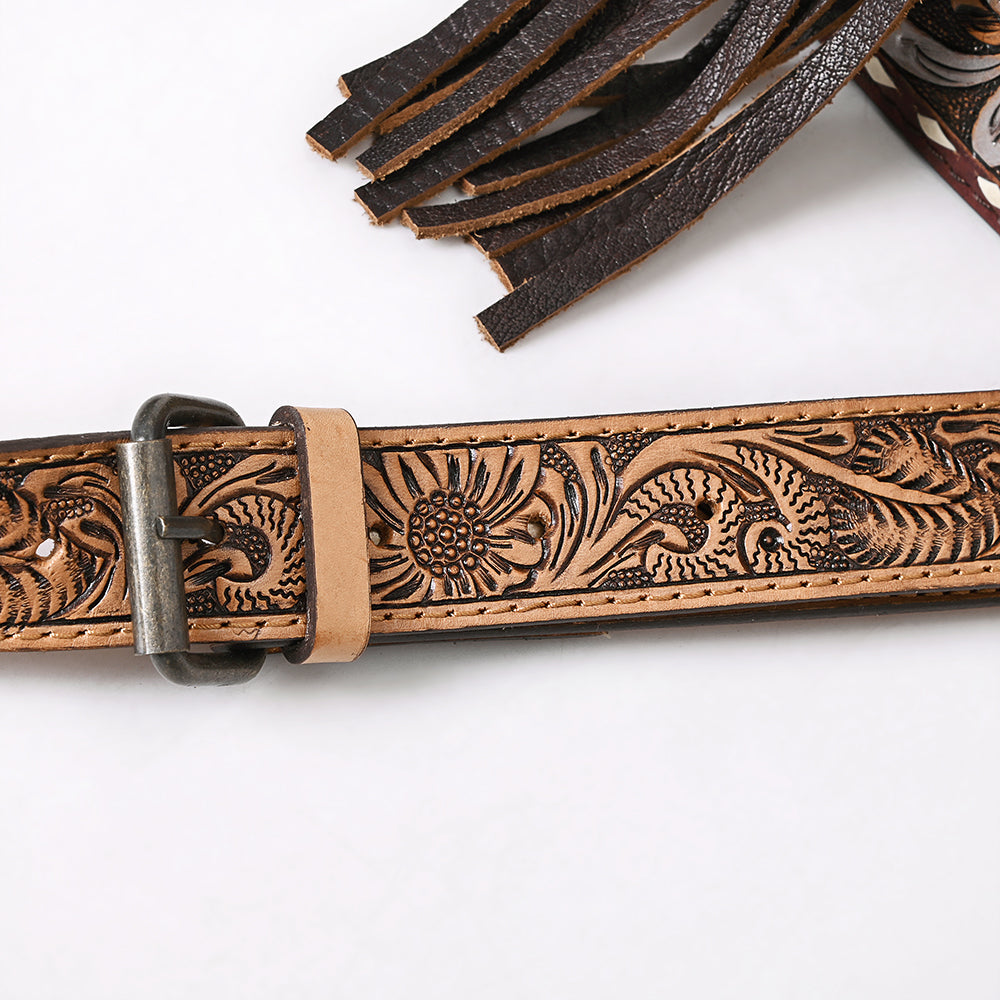 ADBG1718 Tooled Leather & Cowhide Western Tote Bag with Fringe and Floral Design