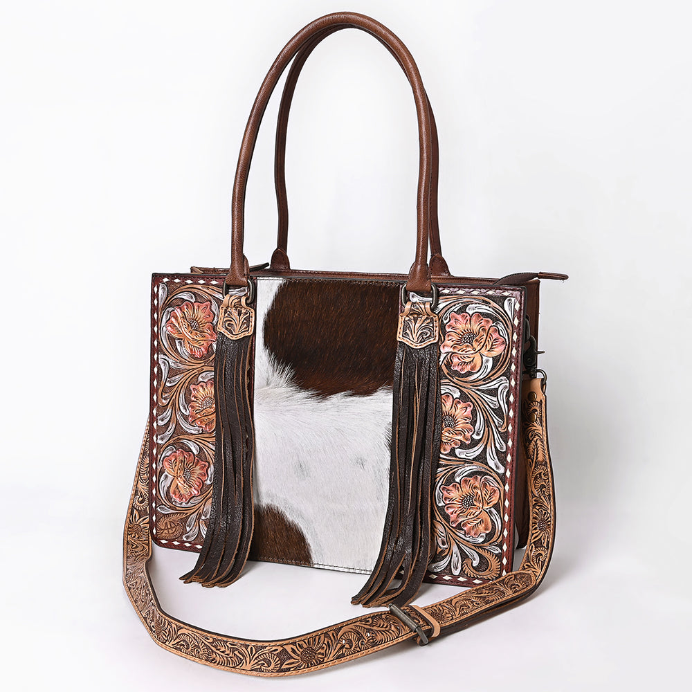 ADBG1718 Tooled Leather & Cowhide Western Tote Bag with Fringe and Floral Design