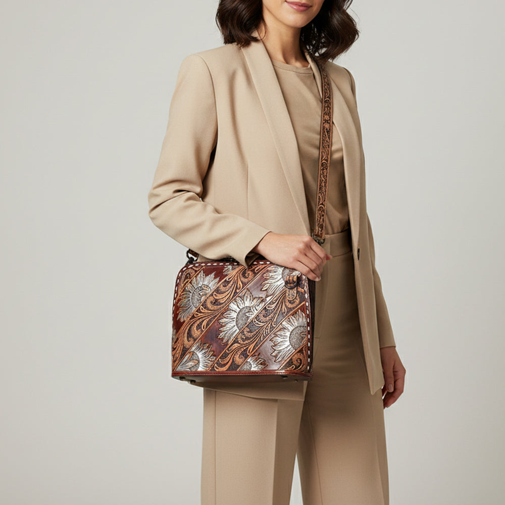 ADBG1719 Tooled Leather Crossbody Bag with Floral Carving & Silver Scrollwork