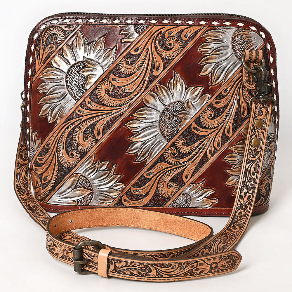 ADBG1719 Tooled Leather Crossbody Bag with Floral Carving & Silver Scrollwork