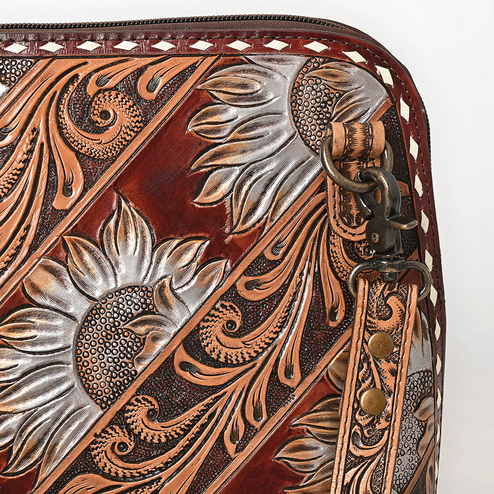 ADBG1719 Tooled Leather Crossbody Bag with Floral Carving & Silver Scrollwork
