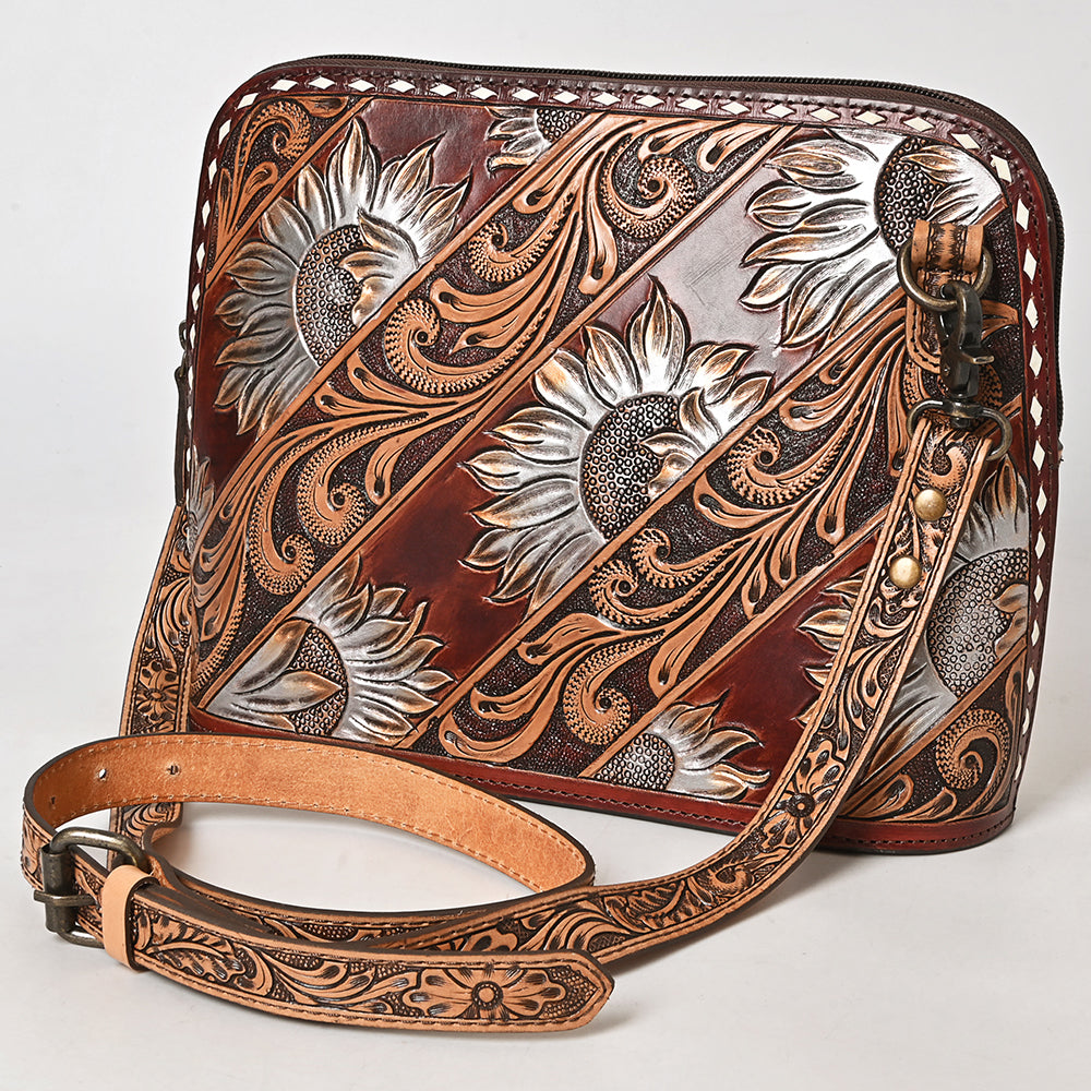 ADBG1719 Tooled Leather Crossbody Bag with Floral Carving & Silver Scrollwork