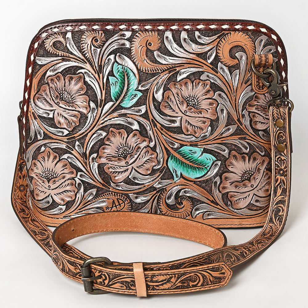 ADBG1719 Tooled Leather Crossbody Bag with Floral Carving & Silver Scrollwork