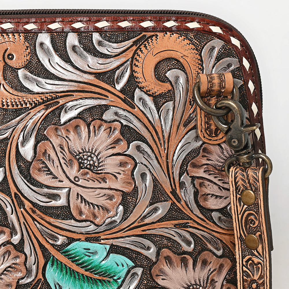 ADBG1719 Tooled Leather Crossbody Bag with Floral Carving & Silver Scrollwork