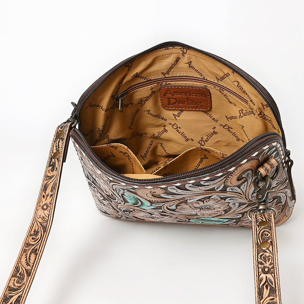 ADBG1719 Tooled Leather Crossbody Bag with Floral Carving & Silver Scrollwork