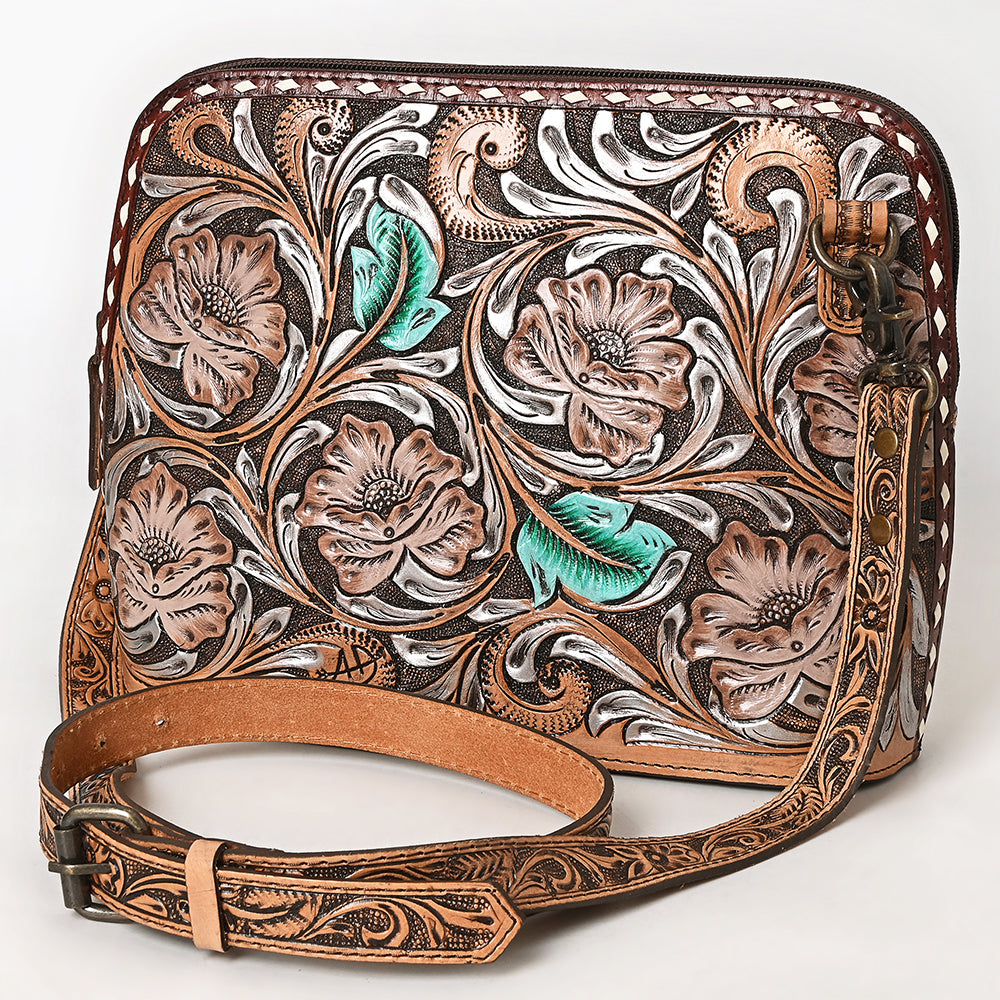 ADBG1719 Tooled Leather Crossbody Bag with Floral Carving & Silver Scrollwork