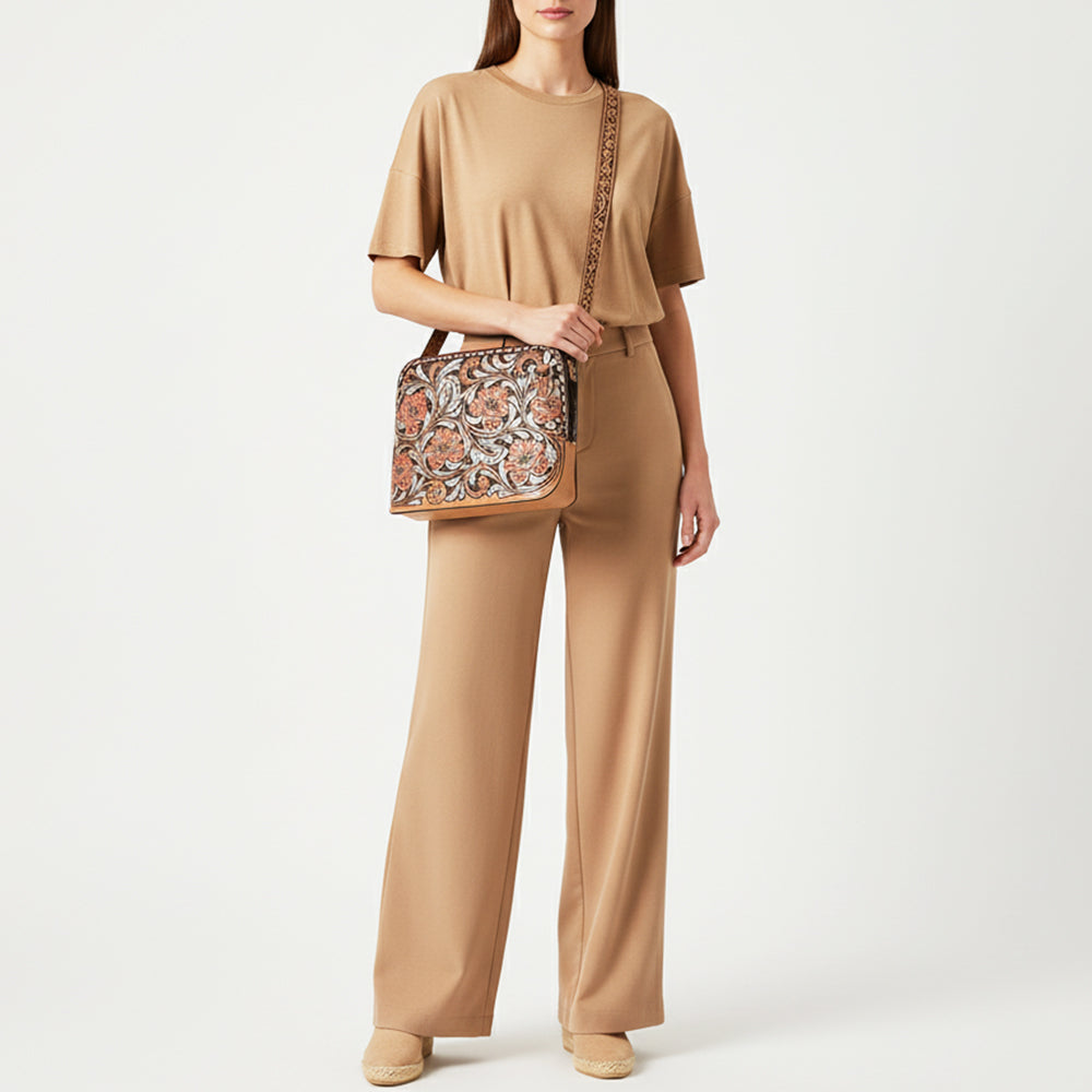 ADBG1719 Tooled Leather Crossbody Bag with Floral Carving & Silver Scrollwork