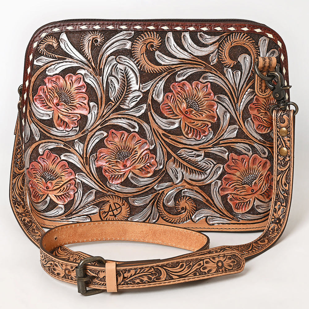 ADBG1719 Tooled Leather Crossbody Bag with Floral Carving & Silver Scrollwork