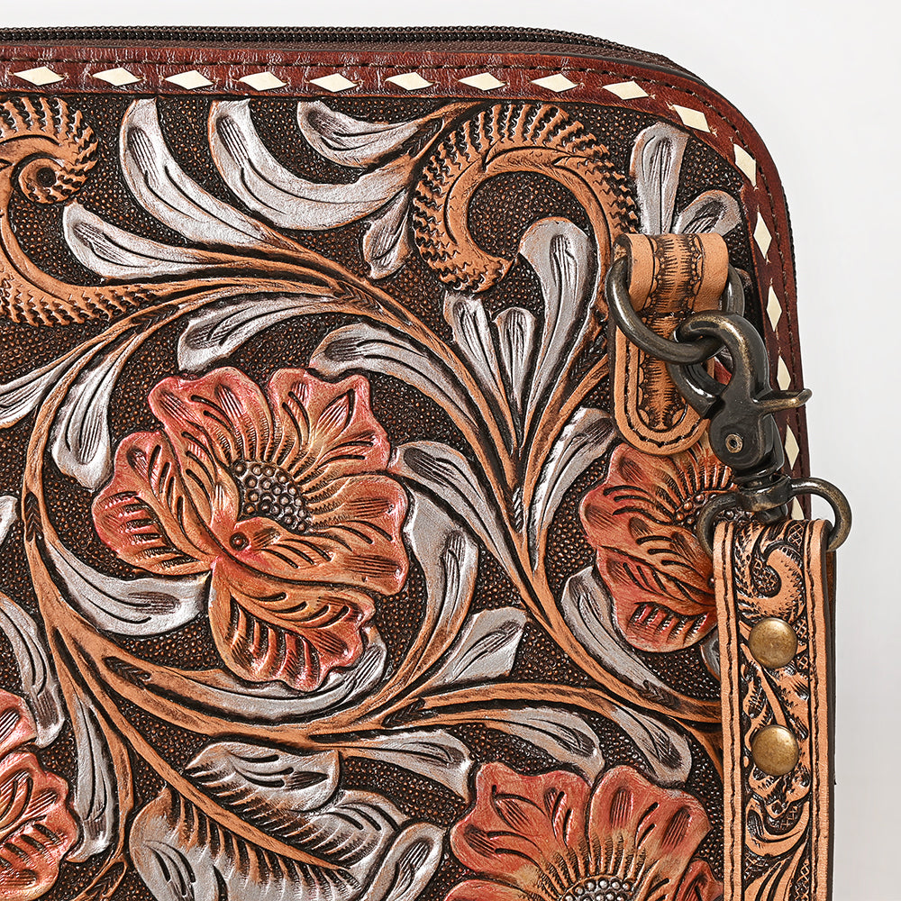 ADBG1719 Tooled Leather Crossbody Bag with Floral Carving & Silver Scrollwork