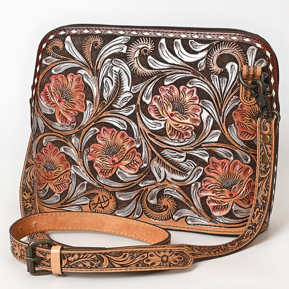 ADBG1719 Tooled Leather Crossbody Bag with Floral Carving & Silver Scrollwork