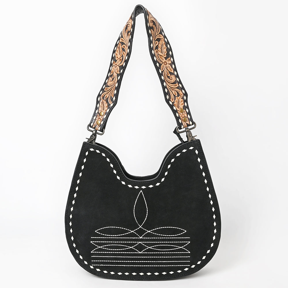 ADBG1720  Black Genuine suede Hobo Bag with Hand Tooled Leather Strap & White Stitch Detailing