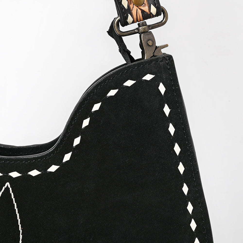 ADBG1720  Black Genuine suede Hobo Bag with Hand Tooled Leather Strap & White Stitch Detailing