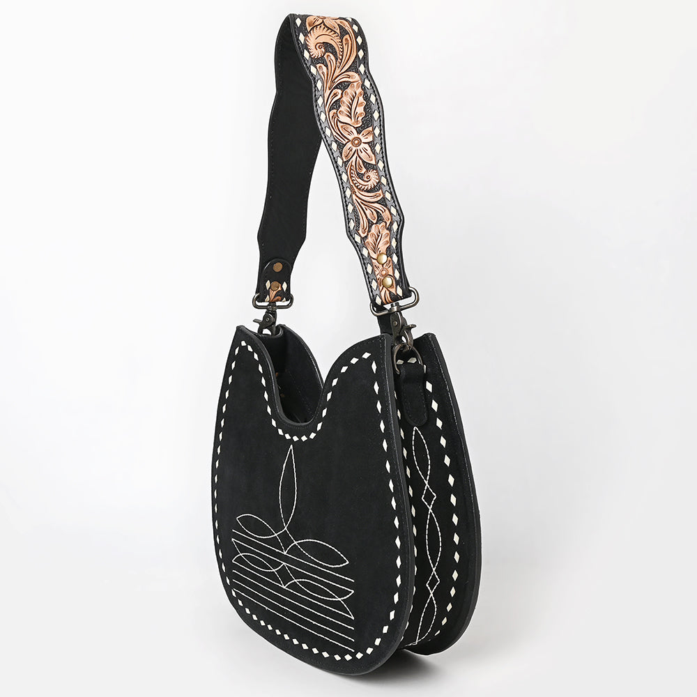 ADBG1720  Black Genuine suede Hobo Bag with Hand Tooled Leather Strap & White Stitch Detailing