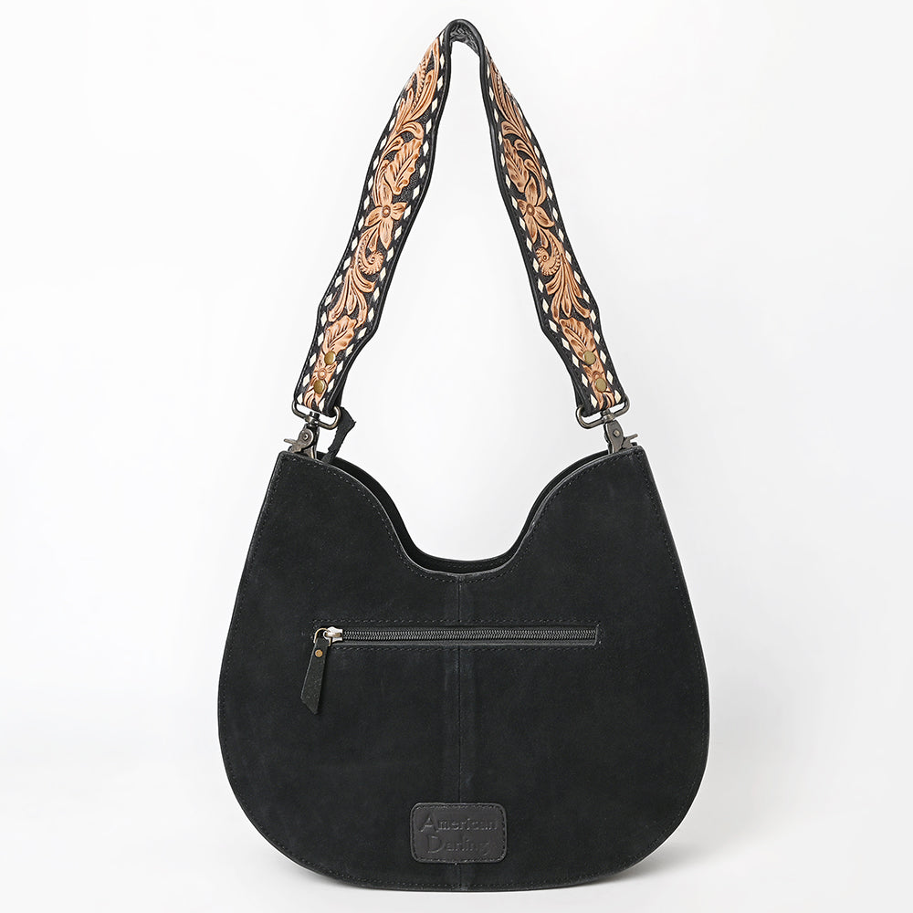 ADBG1720  Black Genuine suede Hobo Bag with Hand Tooled Leather Strap & White Stitch Detailing