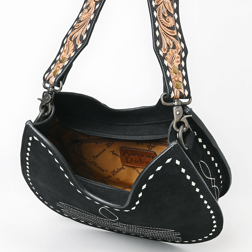 ADBG1720  Black Genuine suede Hobo Bag with Hand Tooled Leather Strap & White Stitch Detailing
