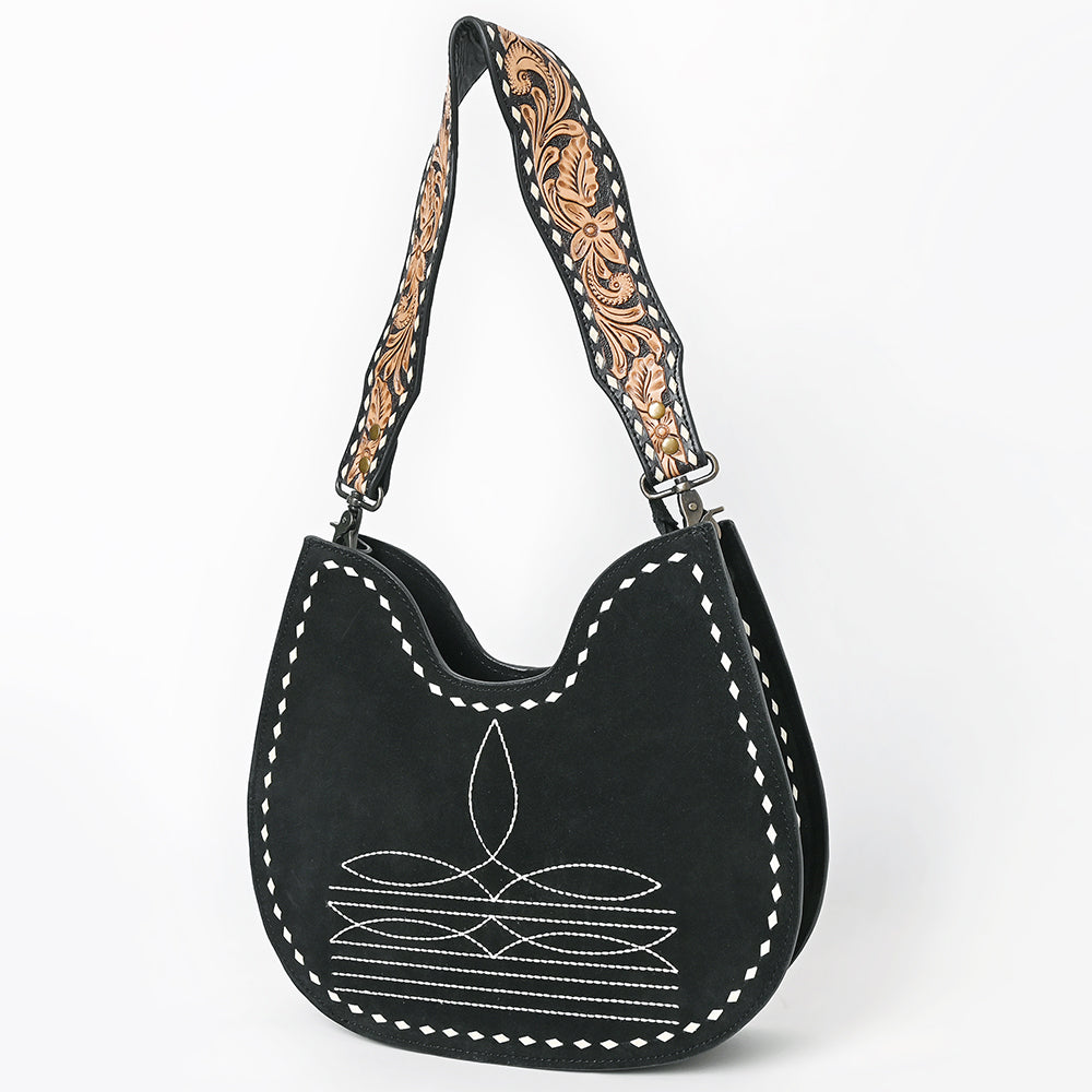 ADBG1720  Black Genuine suede Hobo Bag with Hand Tooled Leather Strap & White Stitch Detailing