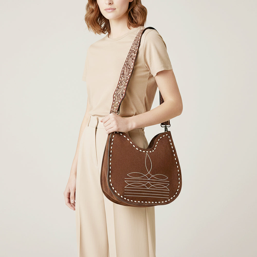 ADBG1720 Genuine suede Hobo Bag with Hand Tooled Leather Strap & White Stitch Detailing