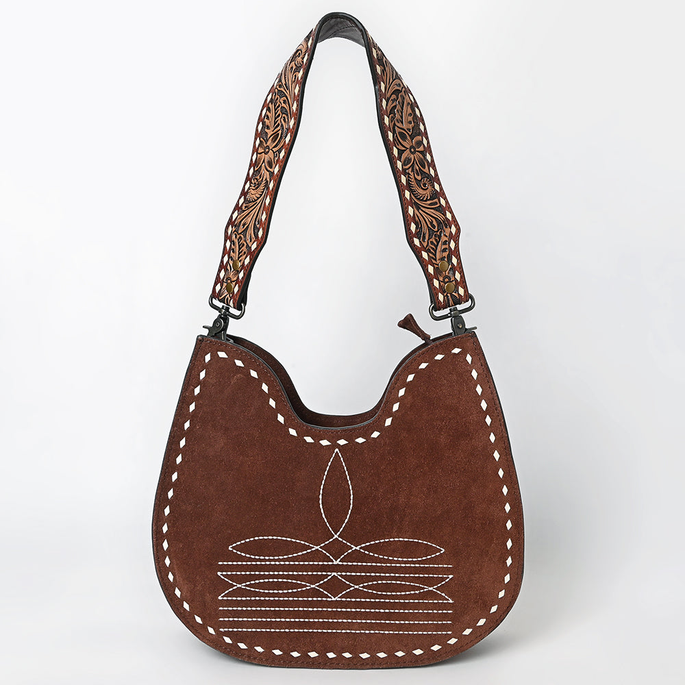 ADBG1720 Genuine suede Hobo Bag with Hand Tooled Leather Strap & White Stitch Detailing