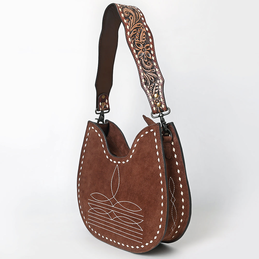 ADBG1720 Genuine suede Hobo Bag with Hand Tooled Leather Strap & White Stitch Detailing