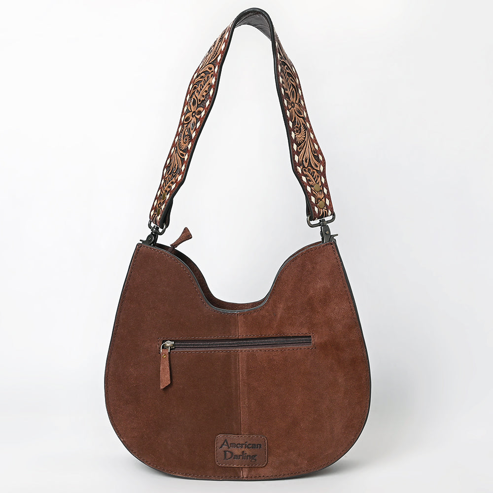 ADBG1720 Genuine suede Hobo Bag with Hand Tooled Leather Strap & White Stitch Detailing