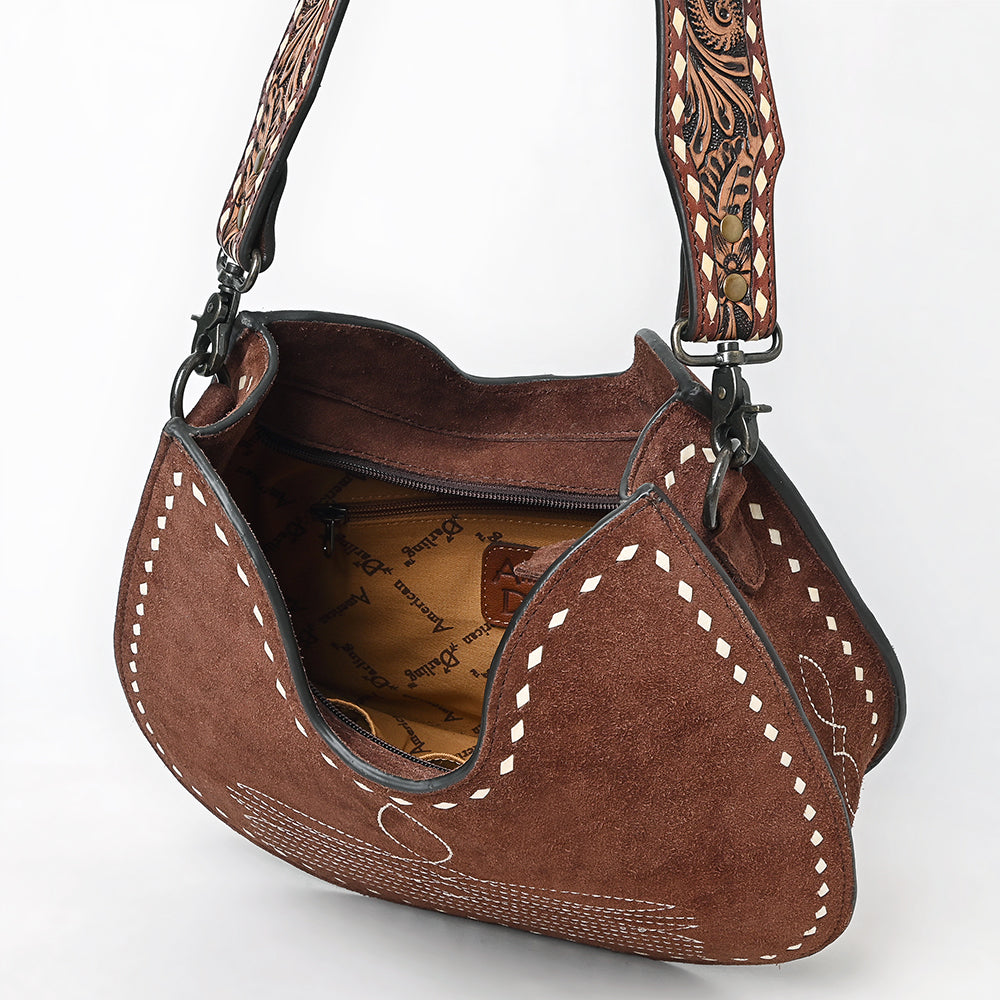 ADBG1720 Genuine suede Hobo Bag with Hand Tooled Leather Strap & White Stitch Detailing