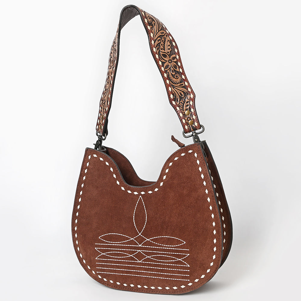 ADBG1720 Genuine suede Hobo Bag with Hand Tooled Leather Strap & White Stitch Detailing