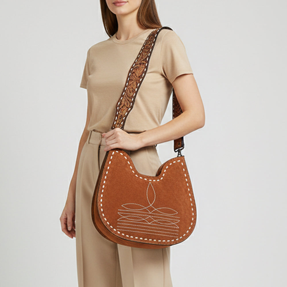 ADBG1720 Genuine suede Hobo Bag with Hand Tooled Leather Strap & White Stitch Detailing