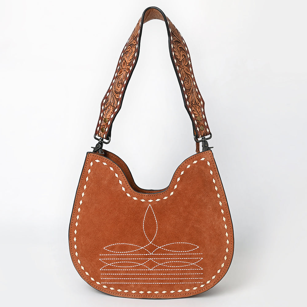 ADBG1720 Genuine suede Hobo Bag with Hand Tooled Leather Strap & White Stitch Detailing