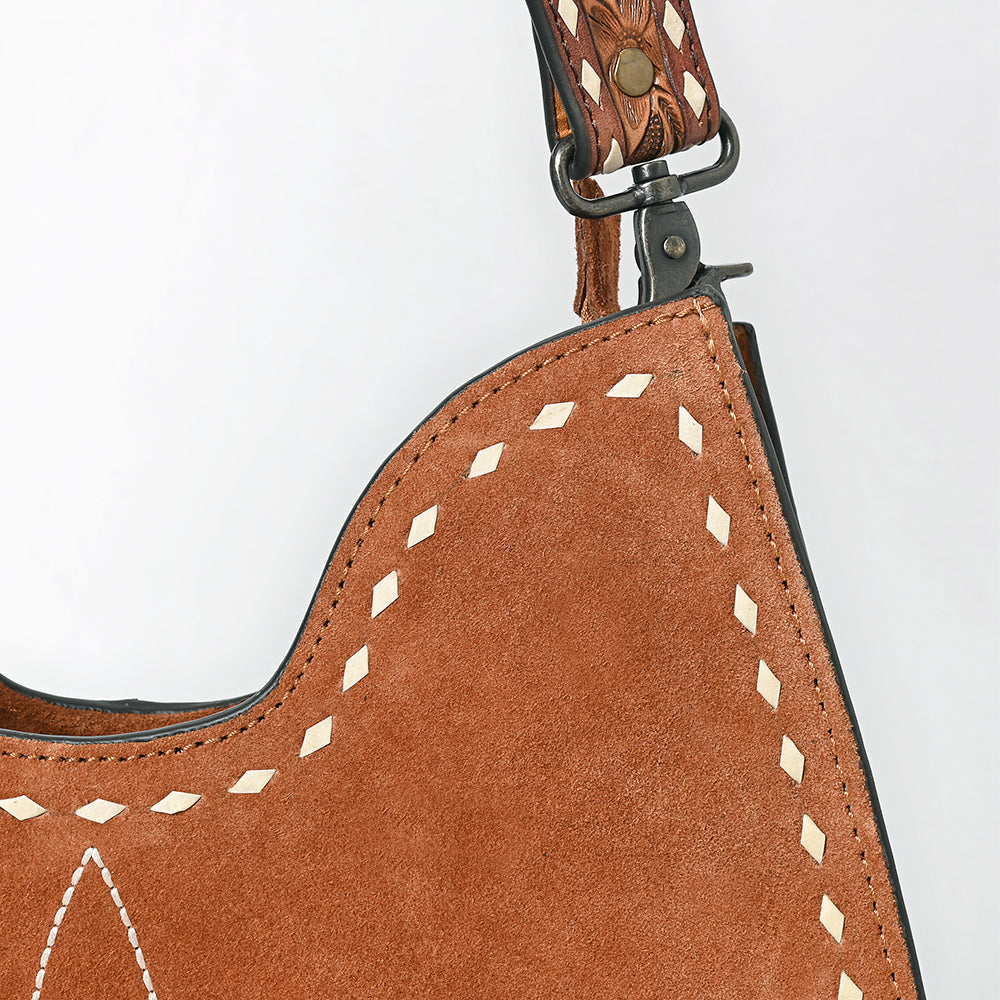 ADBG1720 Genuine suede Hobo Bag with Hand Tooled Leather Strap & White Stitch Detailing