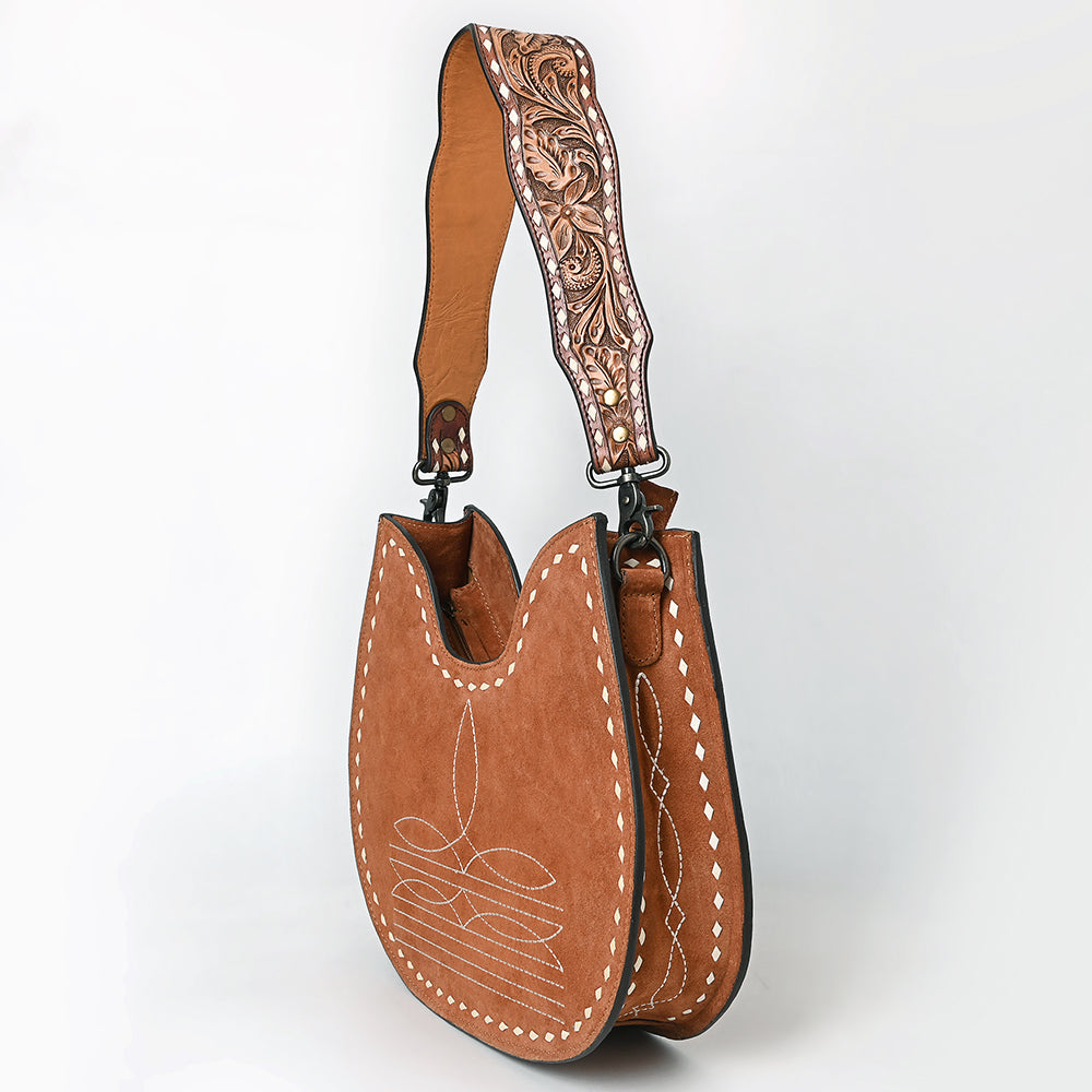 ADBG1720 Genuine suede Hobo Bag with Hand Tooled Leather Strap & White Stitch Detailing