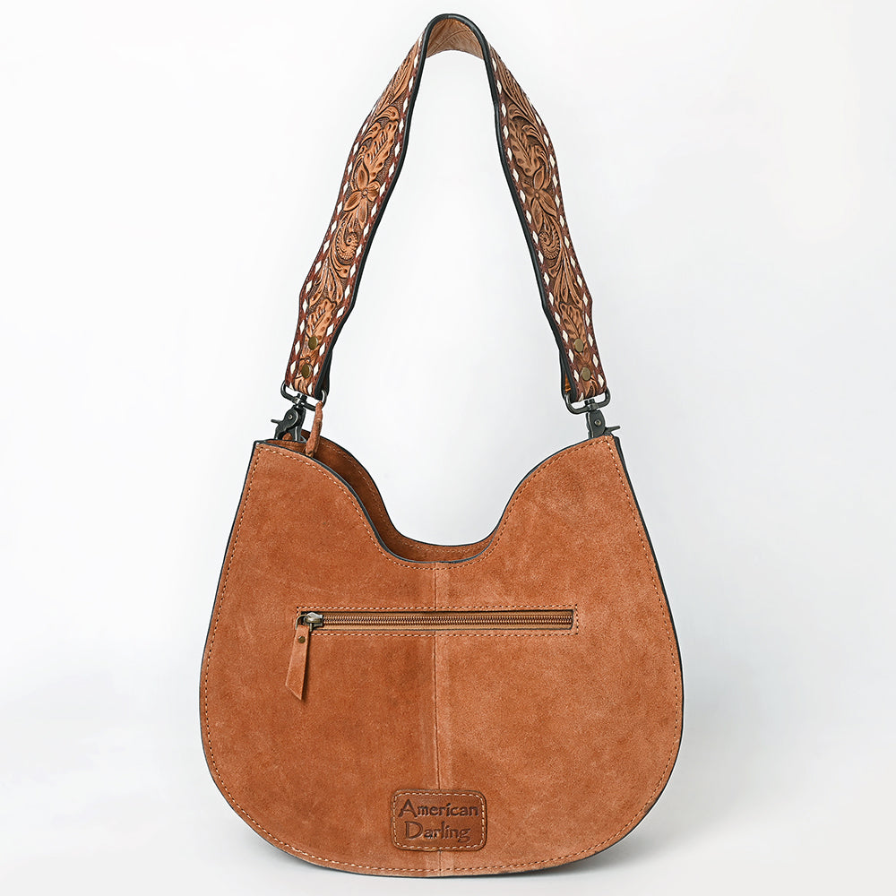 ADBG1720 Genuine suede Hobo Bag with Hand Tooled Leather Strap & White Stitch Detailing
