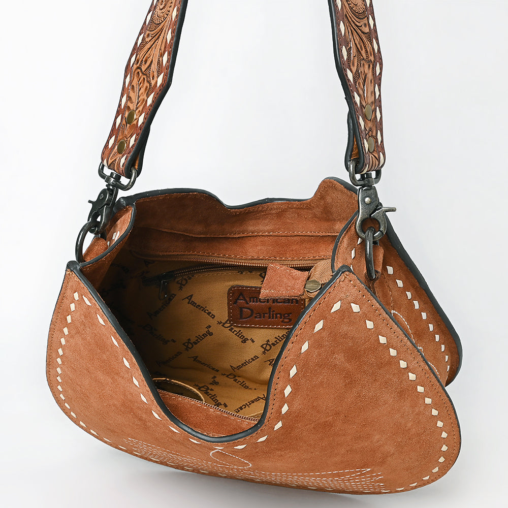 ADBG1720 Genuine suede Hobo Bag with Hand Tooled Leather Strap & White Stitch Detailing