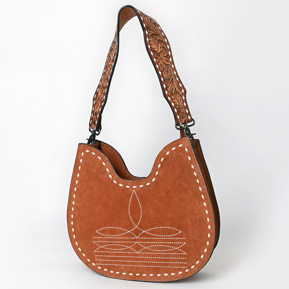 ADBG1720 Genuine suede Hobo Bag with Hand Tooled Leather Strap & White Stitch Detailing