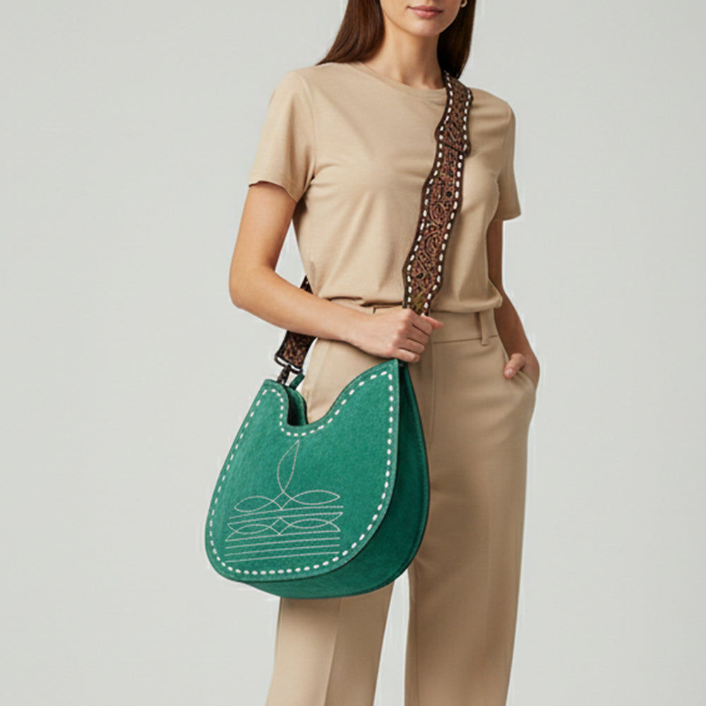 ADBG1720 Genuine suede Hobo Bag with Hand Tooled Leather Strap & White Stitch Detailing