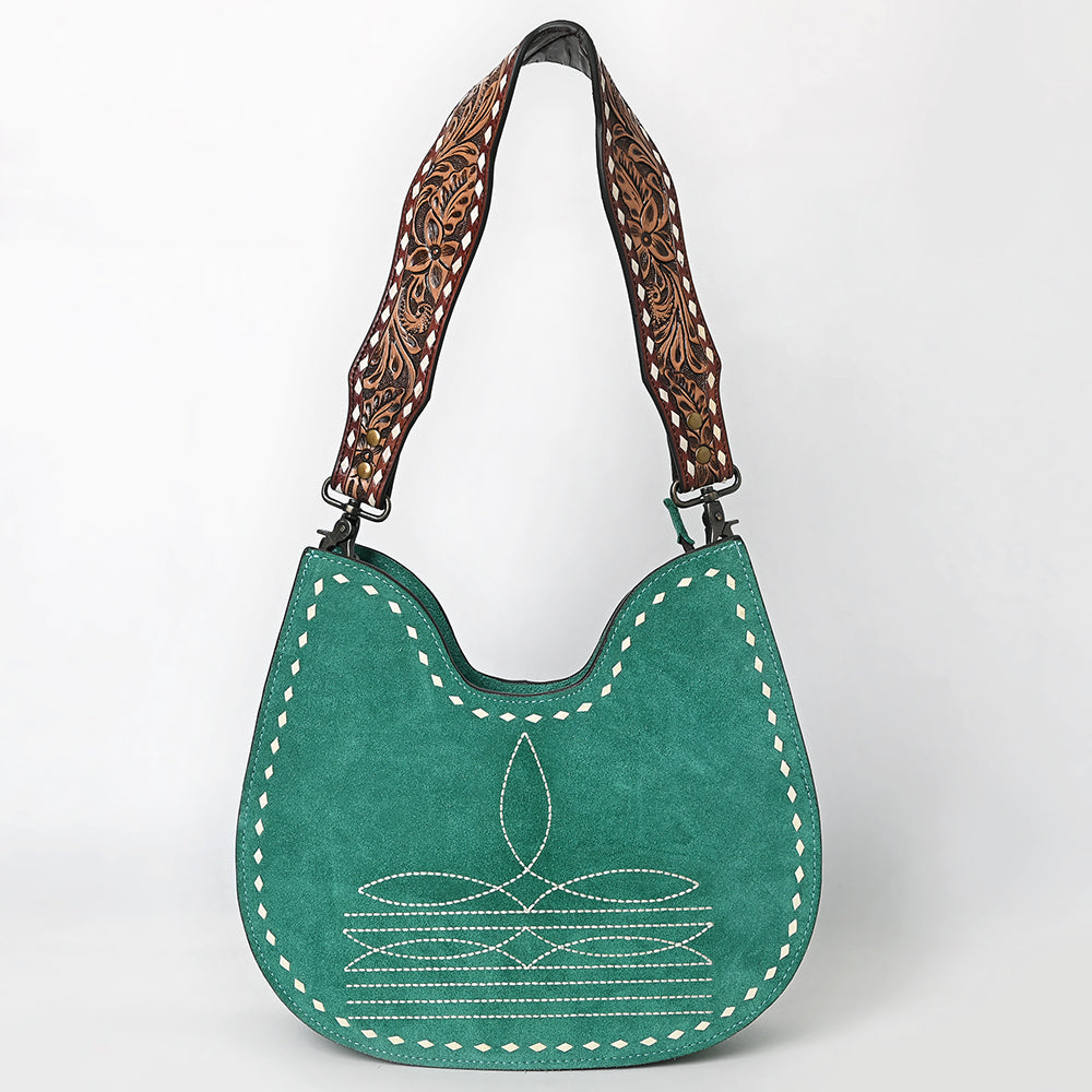 ADBG1720 Genuine suede Hobo Bag with Hand Tooled Leather Strap & White Stitch Detailing