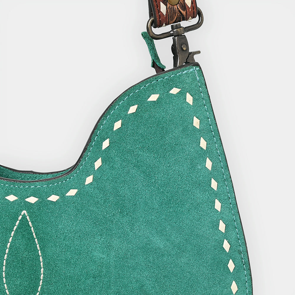 ADBG1720 Genuine suede Hobo Bag with Hand Tooled Leather Strap & White Stitch Detailing