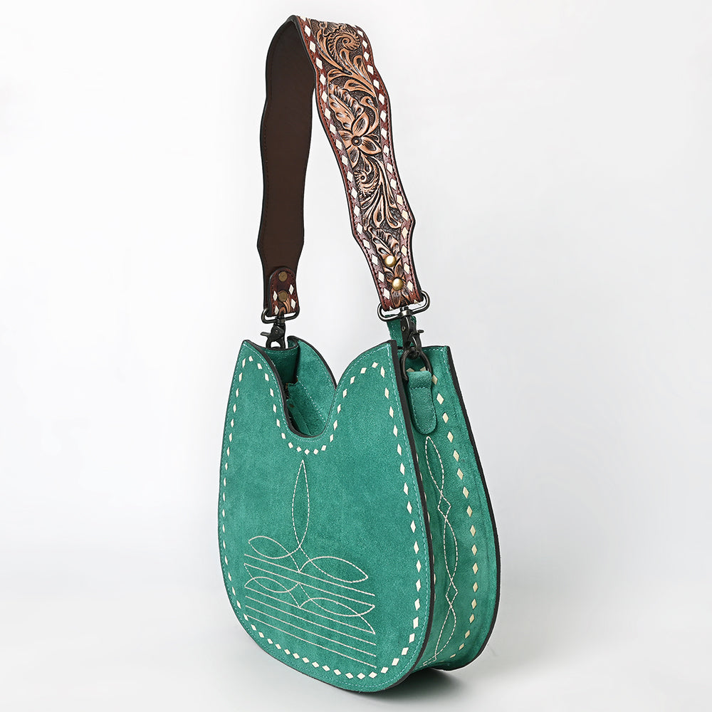 ADBG1720 Genuine suede Hobo Bag with Hand Tooled Leather Strap & White Stitch Detailing