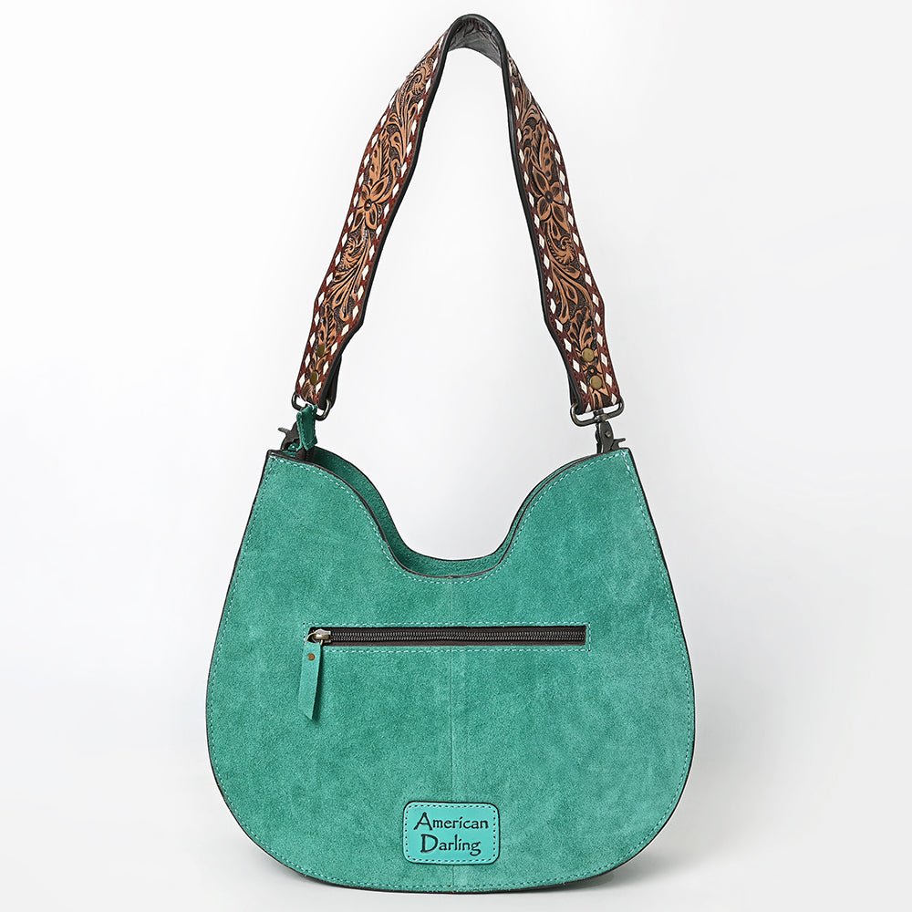 ADBG1720 Genuine suede Hobo Bag with Hand Tooled Leather Strap & White Stitch Detailing