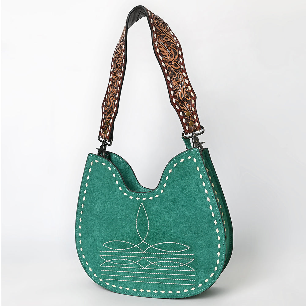 ADBG1720 Genuine suede Hobo Bag with Hand Tooled Leather Strap & White Stitch Detailing
