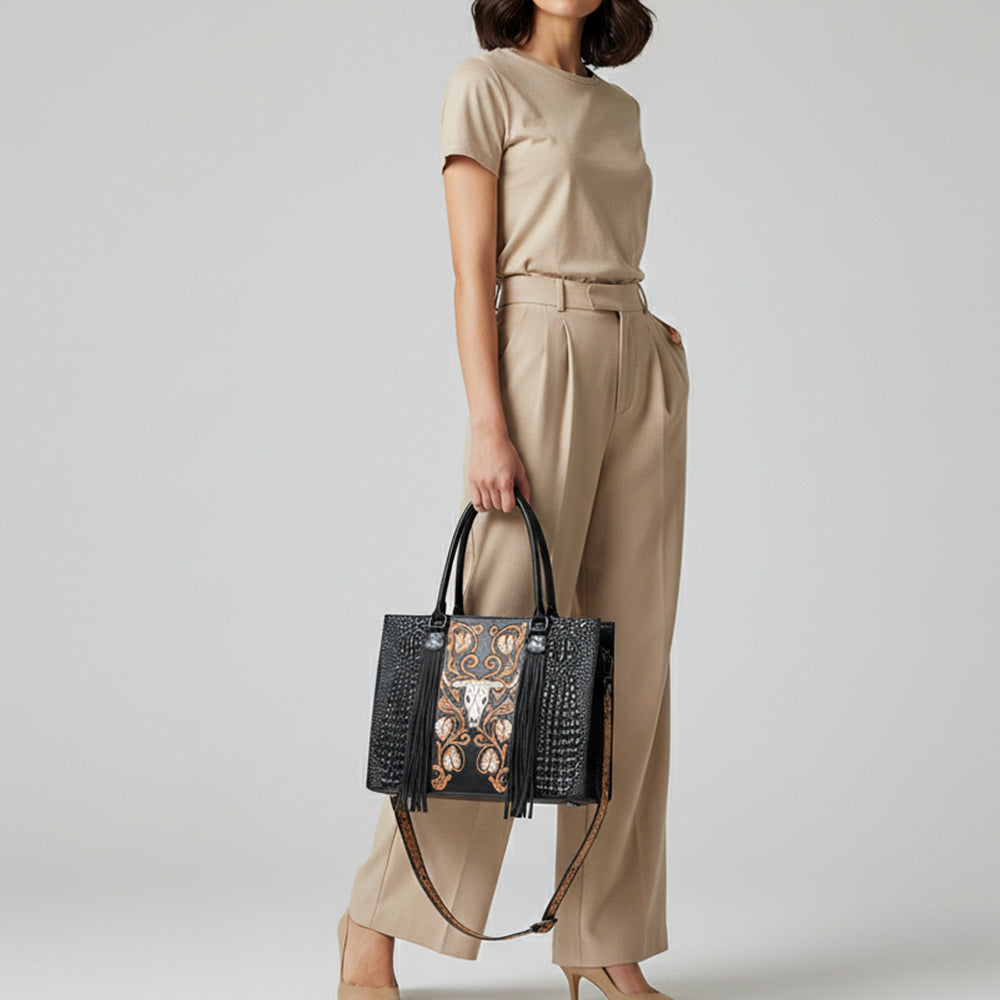 ADBG1721 Black Croc Embossed Leather Western Tote with Longhorn Skull Applique Fringe & Tooled Strap