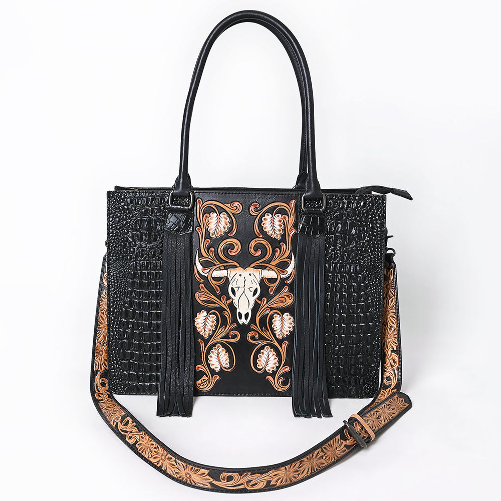 ADBG1721 Black Croc Embossed Leather Western Tote with Longhorn Skull Applique Fringe & Tooled Strap