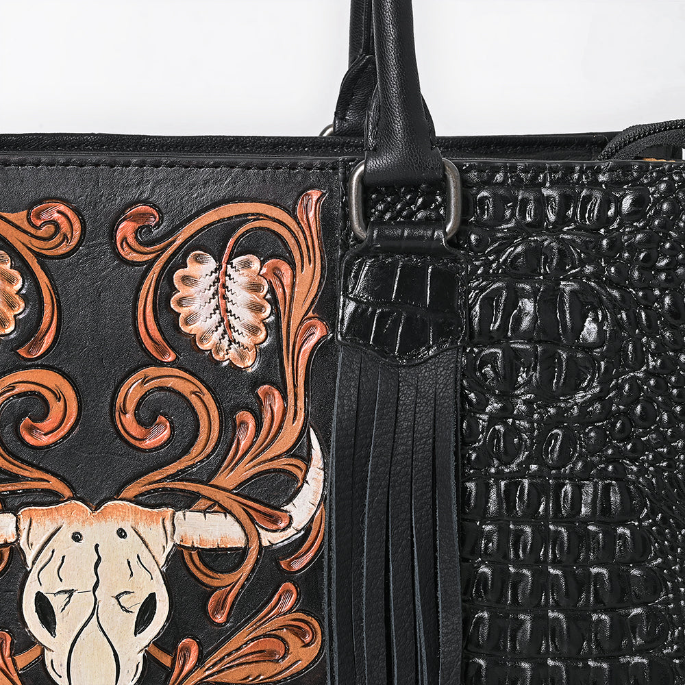 ADBG1721 Black Croc Embossed Leather Western Tote with Longhorn Skull Applique Fringe & Tooled Strap