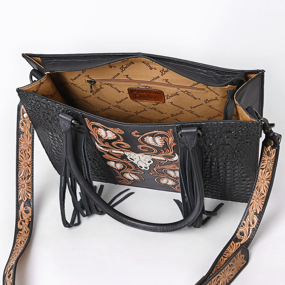 ADBG1721 Black Croc Embossed Leather Western Tote with Longhorn Skull Applique Fringe & Tooled Strap
