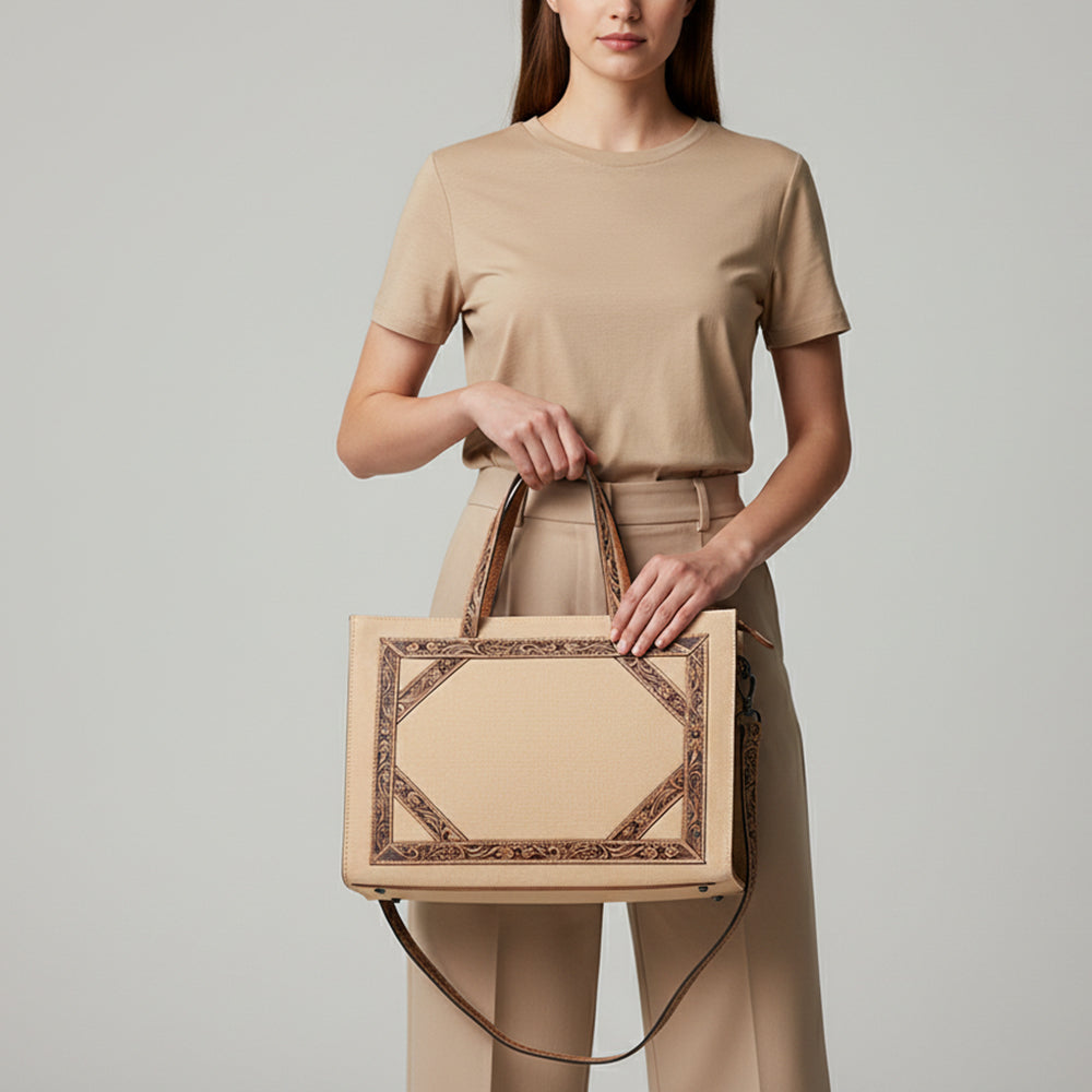 ADBG1725 Canvas & Tooled Leather Western Tote Bag with Adjustable Strap American Darling