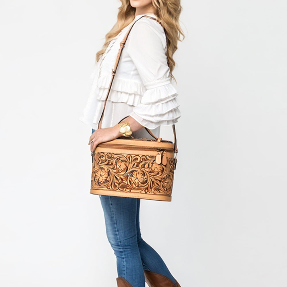 ADBGA779 Natural Tooled Leather Box Handbag - Full Floral Carving with Top Handle & Shoulder Strap